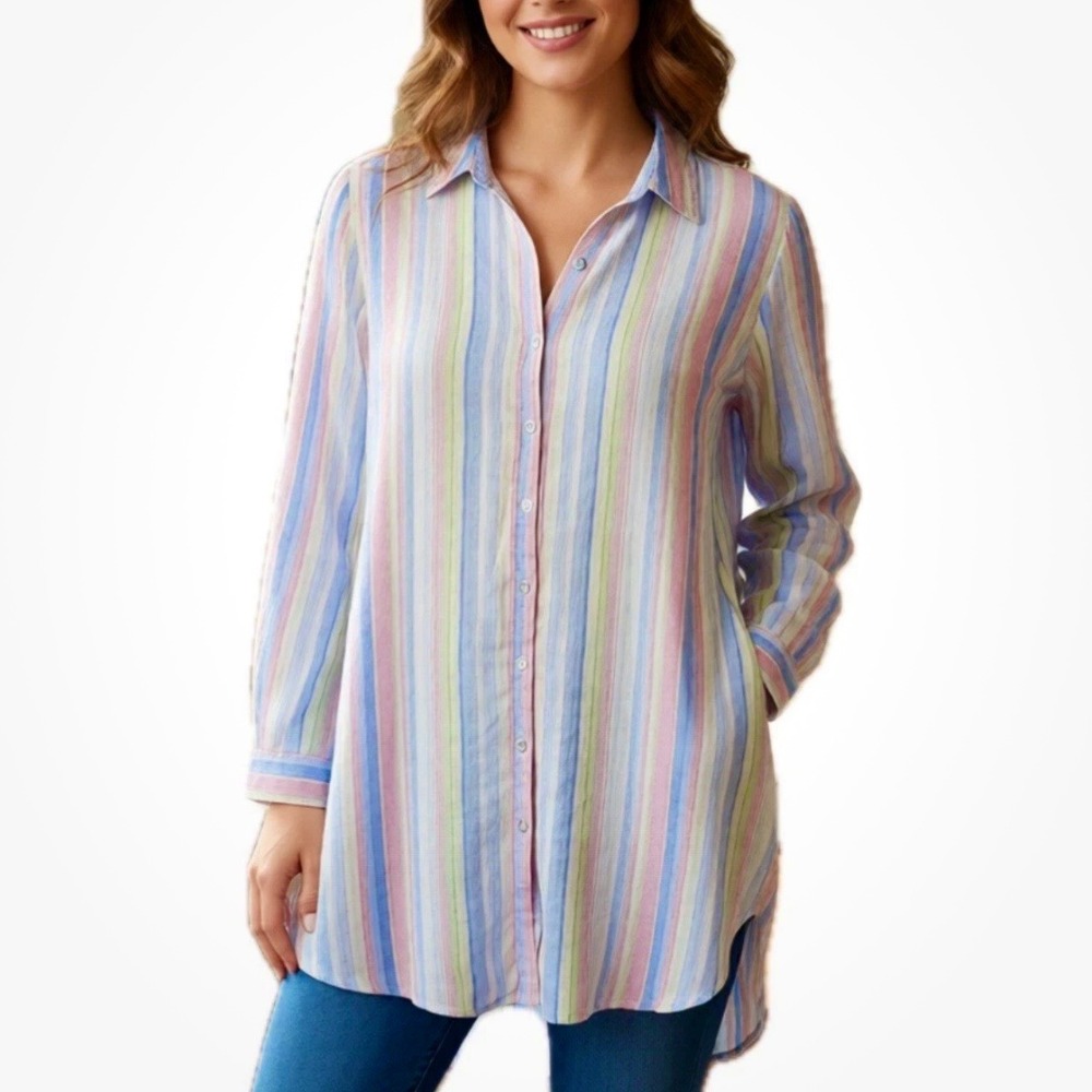 St. Tropez West 100% Linen Button Up Tunic Womens XL Shirt Pastel Resort Vaca